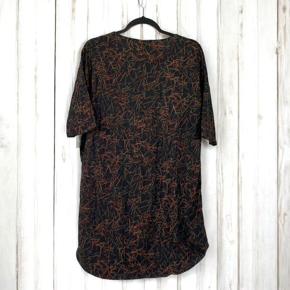 Lularoe Irma Half Sleeve Tunic High Low Polyester Blend Sz XS Black Orange Gold - Picture 3 of 7